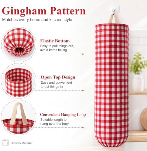 Gingham Plastic Bag Holder for Grocery Bag, Red - Image 4