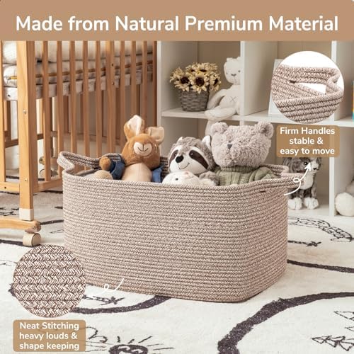 Goodpick Large Woven Rope Blanket Basket, Rectangle, Brown, 75L - Image 6