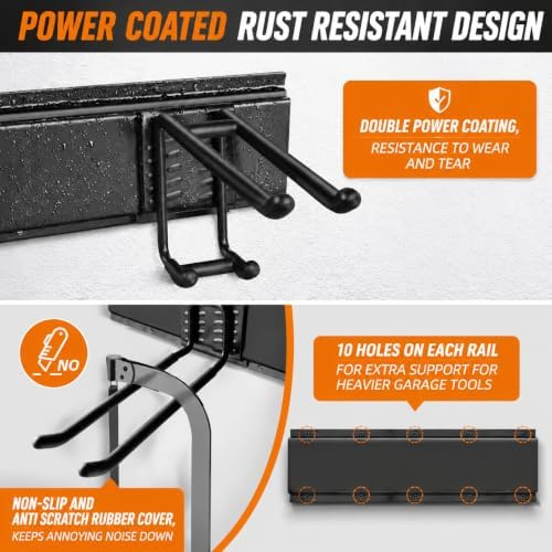 Garage Tool Organizer Wall Mount, Heavy Duty 48 Inch Garage Storage System with Adjustable Hooks, Garden Tool Rack for Shovel Rake Broom Snowboard Shed Organization - Image 5
