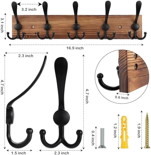 Kuhome Coat Rack Wall Mount Wooden Hat Rack for Wall Hooks Pine Real Wood Plank 16.9" Brown Coat Hanger with 5 Triple Hooks for Hanging Coat Hat Jacket - Image 2