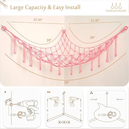YKBU Stuffed Animals Hammock Corner Hanging Net with Tassel Macrame Stuffed Animal Storage Plush Toy Holder Toy Organizer for Boho Nursery Playroom Bedroom Kids Room (pink, large) - Image 5
