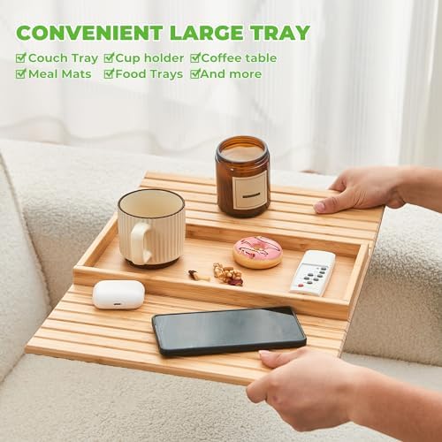 LOVYANXUE Bamboo Sofa Arm Tray, Anti Falling Couch Arm Tray Table, Foldable Couch Armrest Table, Portable Sofa Armrest Trays Cup Holder for Drink, Cups, Phone, Snacks, Remote - Image 3