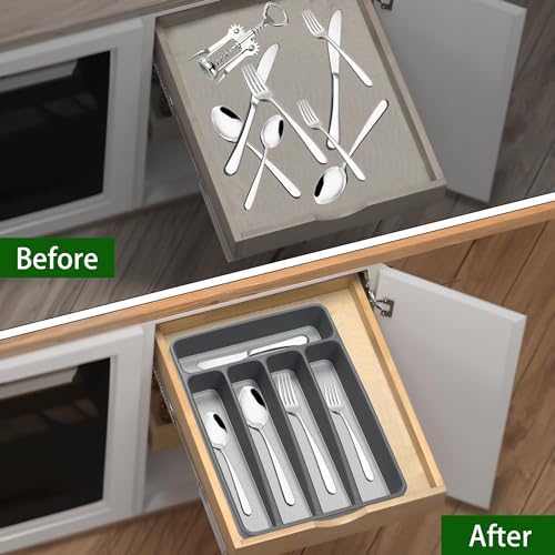 Loyareal Silverware Organizer Utenisl Organizer Holder Kitchen Drawer Organizer Plastic Silverware Tray for Drawer Flatware Organizer 5 Compartment Black - Image 4