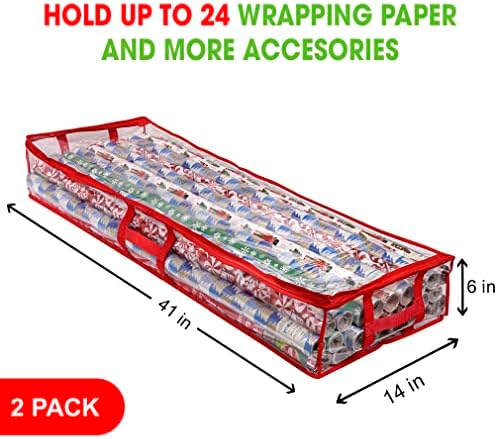 ProPik Wrapping Paper Storage Containers | Gift Wrap Organizer Under Bed | 41”x14”x6” | Box Holds 18-24 Rolls Up to 40” Long | Holder with Pockets for Ribbon, Bows and Accessories (2 Pack - Red) - Image 3