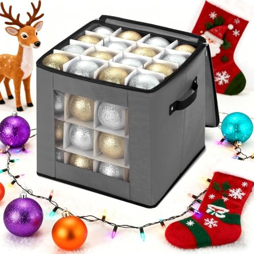 inin Christmas Ornament Storage Box with Adjustable Dividers,Christmas Ornaments Organizer with Zippered Top,Storage Container Bin for Holiday Decorations(64 Ball, Gray, Without Tray) by Unknown