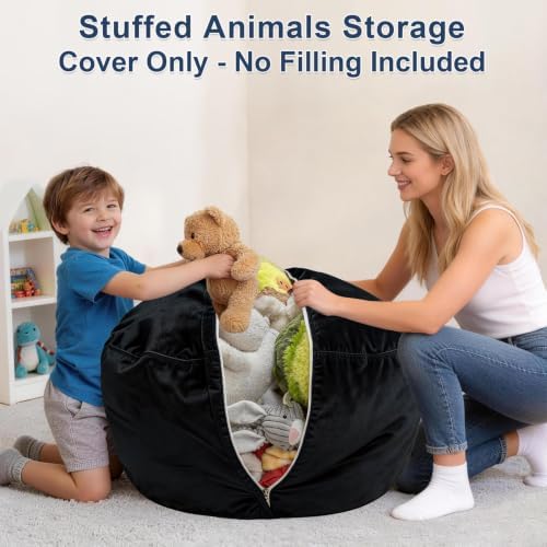 Lukeight Stuffed Animal Storage Bean Bag Chair Cover for Kids, Velvet Plush Toy Organizer Seat, Cover Only, No Filling Included, Long YKK Zipper, Side Pocket, Large 27"D x 16"H - Image 4