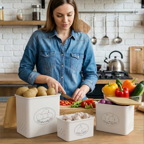 Lifewit Plastic Potato and Onion Storage Bin Box, Set of 3, White - Image 2