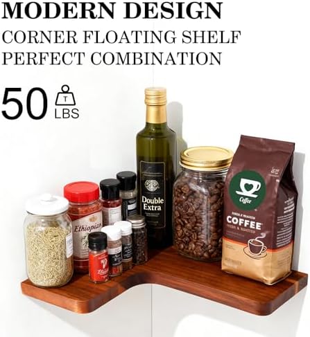 Floating Corner Shelves, Wall Shelf Set of 2, Shelves for Wall Storage, Solid Wood Shelves for Storage, Wall Mount Wooden Display Shelf for Bathroom Bedroom Kitchen Garage (Acacia 2pcs) - Image 4