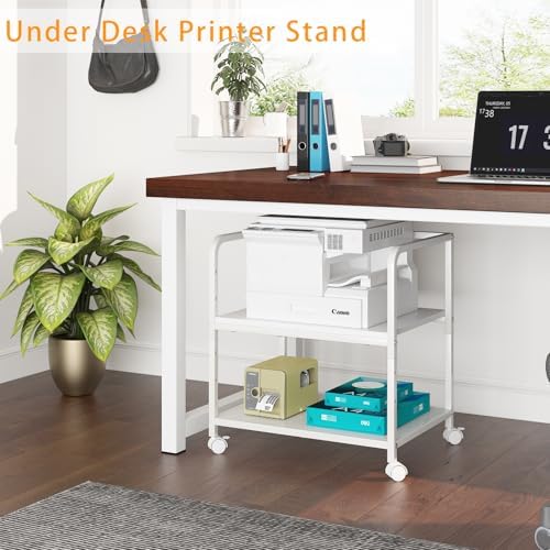 21"x15.8" Large Printer Stand with Storage, 2-Tier Under Desk Printer Table, Rolling Printer Cart with Lockable Wheels for Home, Office (White) - Image 5