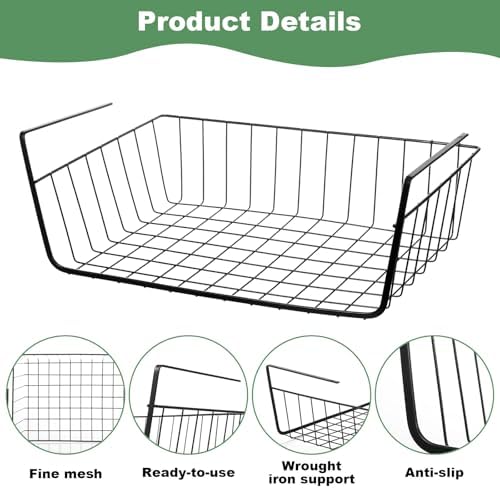 6 Pcs Undershelf Storage Basket Under Shelf Wire Basket Household Metal Under Shelf Hanging Storage Bin Basket Slides Under Shelves for Kitchen Pantry Bookshelf - 14.2" D x 9.1" W x 5.5" H, Black - Image 3