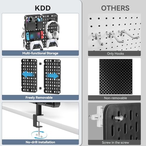 KDD 7 in 1 Clamp-on Desk Pegboard - No Drill Desk Side Storage with Phone Stand/Pen Holder/Storage Box/Headset & Controller Holder/Hooks, Detachable Gaming Pegboard for Office & Home Desktop Organizer - Image 5