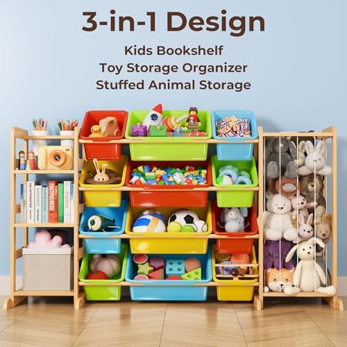 Toy Storage Organizer with Bookshelf and Stuffed Animal Storage - Kids Playroom Organization with 3 Shelves and 12 Bins - Toddler Living Room Toy Box for Collections - Nursery Bedroom Decor Essential - Image 4