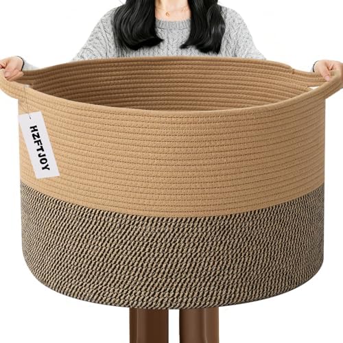 65L Large Blanket Basket,Rope Woven Laundry Baskets-Jute&Black by HZFTJOY