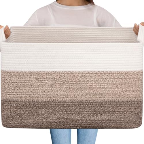OIAHOMY Extra Large Blanket Basket, 95L Cotton Rope Woven Laundry Basket, Toy Bin for Baby Room, Container for Blanket Storage in Living Room, 24''×17''×14'', Gradient Brown by MasterofSpaceOptimization