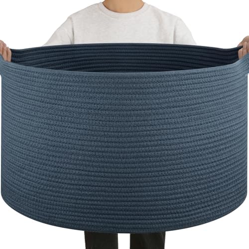 OIAHOMY 90L Extra Large Blanket Basket - Decorative Cotton Rope Storage Basket for Bedroom, Living Room & Nursery - Woven Laundry Hamper for Organizing Blankets, Clothes & Toys - Blue by MasterofSpaceOptimization