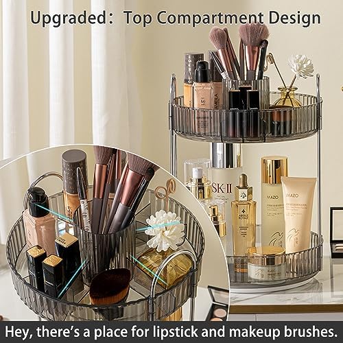 shuang qing Rotating Makeup Organizer for Vanity, High-Capacity Skincare Clear Make Up Storage Perfume Organizers Cosmetic Dresser Organizer Countertop 360 Spinning (Gray, New-2 Tier) - Image 3