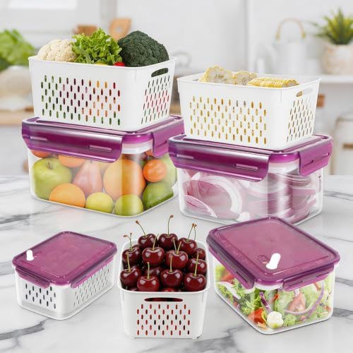 4Pack Fruit Storage Container for Fridge with Colander and Vent - Purple - Image 7