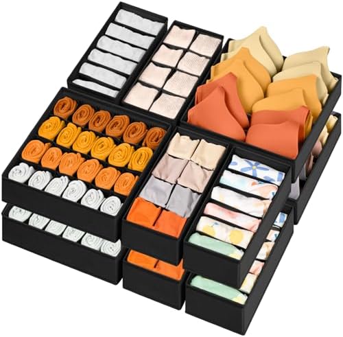 12 Pack Drawer Organizers, 116 Compartments Fabric Foldable Dresser Drawer Organizers for Clothing, Closet Organizers and Storage Bins for Clothes, Christmas Ornament Storage Boxes with Dividers by Criusia