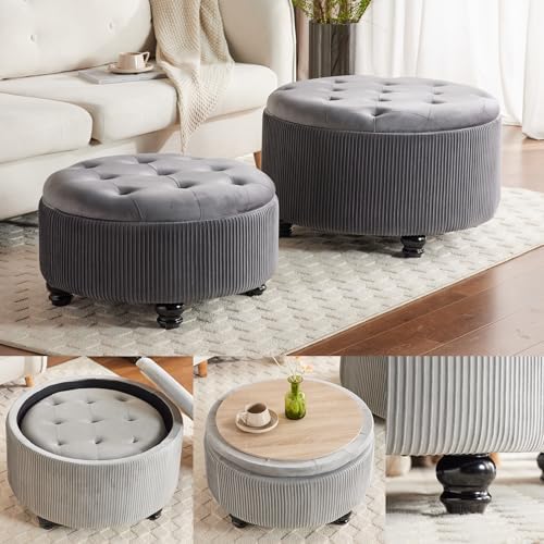 Round Storage Ottoman Coffee Table Set of 2, Gray, 29'' & 24.5'' - Image 5