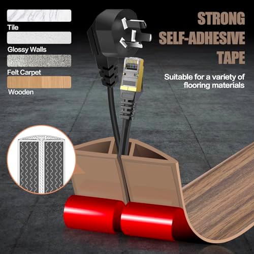 Floor Cord Cover Cavity 0.8"x0.37" Self Adhesive Cord Hider, 3.3FT Low Profile Cable Management, Extension Strip Protector for Wires, Prevent Cable Trips for Offices, Gyms,(Wood Smoked Brown) - Image 4