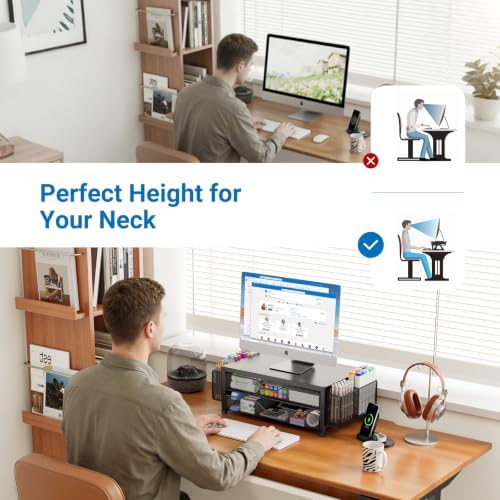 OPNICE Desk Organizer and Accessories, 2-Tier Computer Monitor Stand Riser with Drawer and 2 Pen Holders, Laptop Stand, Office Desk Accessories for Office Supplies, Soft Black - Image 5
