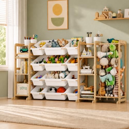 4-in-1 Toy Storage Organizer with 2 Bookshelf, 1 Stuffed Animal Storage and 12 Plastic Bins - Toys Organizer for Kids Room - Wooden Toy Rack for Playroom, Bedroom, Nursery Decor by AnmonPeelandStickWallpaper