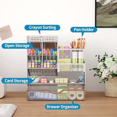 Marbrasse Mesh Pen Holder for Desk, Pen Organizer with Drawer, Multi-Functional Pencil Organizer, Desk Organizers and Accessories for Office Art Supplies (Silver) - Image 2