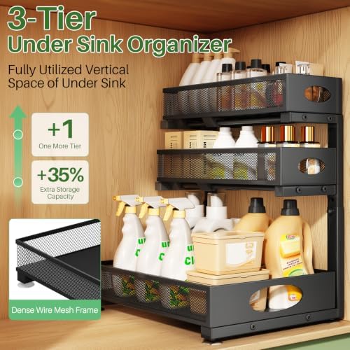 Kitstorack Under Sink Organizer 3-Tier Slide Out Drawer 1-Pack Black - Image 3