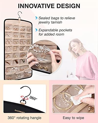 BAGSMART Hanging Jewelry Organizer, Necklace Holder Anti-tangle Earrings Rings Hanger with 10 Jewelry Bags Travel Storage Roll with Pockets Hang on Closet, Wall, Door,1 Piece, Small, Black - Image 4