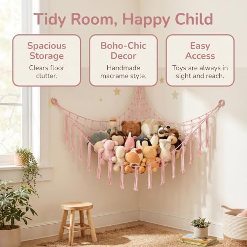 Stuffed Animal Storage Hammock Corner Net, Large Macrame Stuffed Animal Organizer Holder, Cotton Hanging Toy Hammock for Plush Toys, Boho Nursery Girls Bedroom Dorm Room Decor, Pink - Image 4