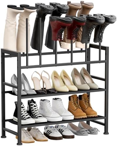 DIMJ Free Standing Shoe Racks - 4-Tier Boot Rack, Black Metal Boot Storage Organizer Tall Boots Organizer for Closet, Multiuse Shoe Rack for Boots, Sneakers,Fit for 6 Pairs Boots, Black by DiMJ