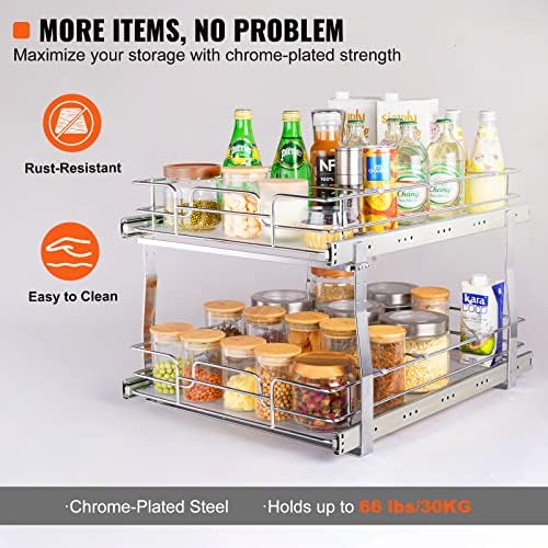 VEVOR 2 Tier 20"Wx21.2"Dx15.2"HPull Out Cabinet Organizer, Heavy Duty Slide Out Pantry Shelves, Steel Roll Out Drawers, Sliding Drawer Storage for Home, 21.5"Wx22.5"Dx19"H Install Size for Cabinet - Image 4
