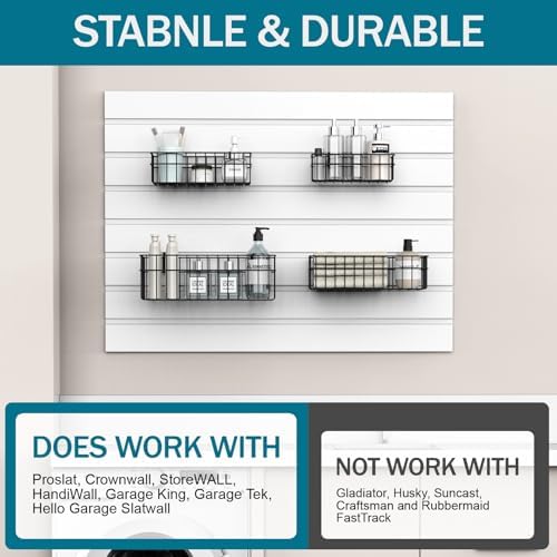 4 Pack Large Size Slatwall Baskets Set, Ventilated Metal Hanging Storage Slat Wall Basket, Mounted Slatwall Accessories for Garage Storage Organizing Display on Slatwall Panels bins (Black) - Image 5
