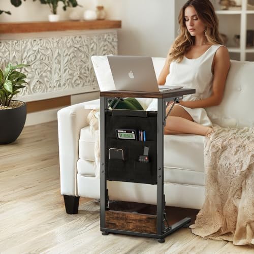 Folding TV Tray Table, Small Folding Side Table with Storage Bag, Portable C Shaped End Stand for Couch Sofa Bed, Rustic Brown - Image 2