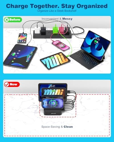 MSTJRY Charging Station for Multiple Devices : 5 Port Multi USB-A Charger Stations Multi-Device Organizer Charging Dock Designed for iPhone iPad Cell Phone Tablets (7 Short Cables Included), Black - Image 3