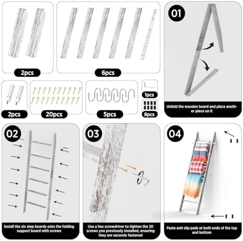 Farmhouse Wooden Blanket Ladder Living Room White 6-Tier - Image 7