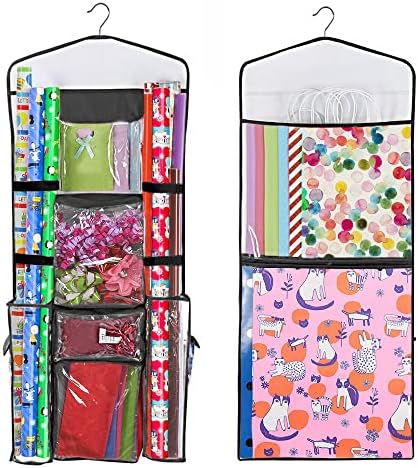 Wrapping Paper Storage Hanging Over the Door Wrapping Paper Organizer Store Gift Wrap Gift Bags Ribbon Bows and Accessories 40”x17” Fits Long 40 Inch Rolls Double Sided Bag (Black Seam) by Primode