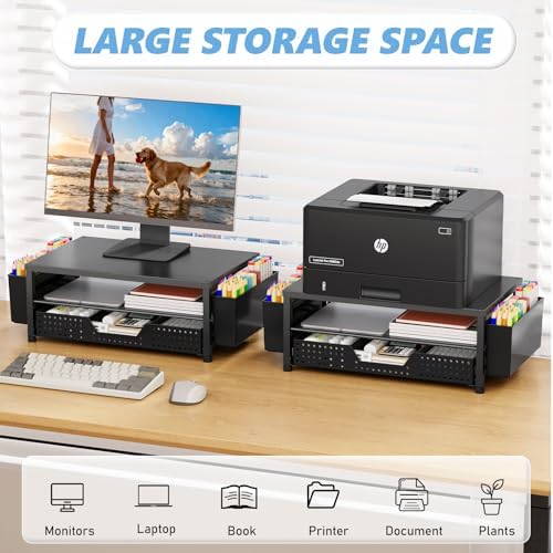 OPNICE Desk Organizers and Accessories, Computer Monitor Stand Riser with Drawer and 2 Pen Holders, Printer & Laptop Stand, Office Desk Accessories & Workspace Organizers for Home Office Supplies, Black - Image 3