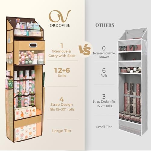 Ordovibe Wrapping Paper Storage Organizer, Over The Door Gift Wrap Holder with Removable Drawer & Side Mesh Pockets – Space Saving Closet Organizer for Christmas, Halloween, Birthday Rolls Supplies Brown - Image 3
