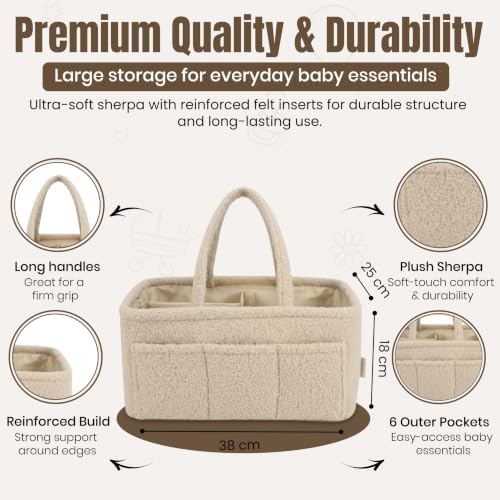 Baby Diaper Caddy Organizer - Soft Beige Sherpa Diaper Storage Bag | Nursery Organizer with 3 Removable Compartments & 6 Side Pockets - Portable Baby Organizer for Diapers,Wipes & Essentials - Image 6