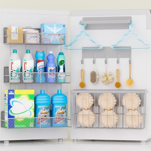 DTUQYX Laundry Organizer with Hanger 6-Pack, Magnetic Shelves for Washing Machine, Magnetic Refrigerator Shelves, Magnet Holder & Baskets, Metal Storage System for Laundry Room, Grey by DTUQYX