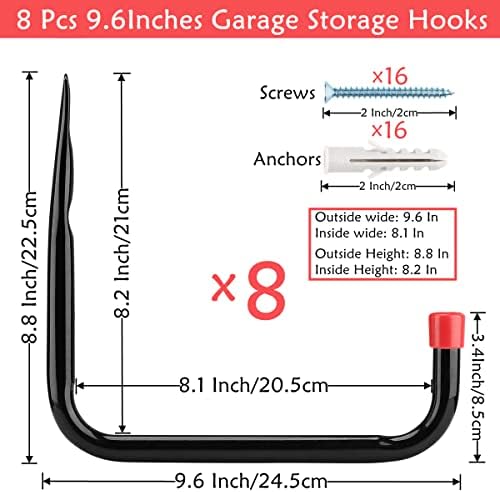 8 Pack Wall Mount Storage Hooks, 9.6IN Garage Utility Hanger for Ladder, Hold Chairs, Garden Tool, Hose, Bike - Image 2