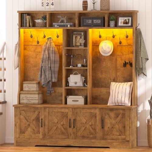 CSZZD Large Hall Tree with Bench and Shoe Storage, Coat Rack with LED Light by CSZZD
