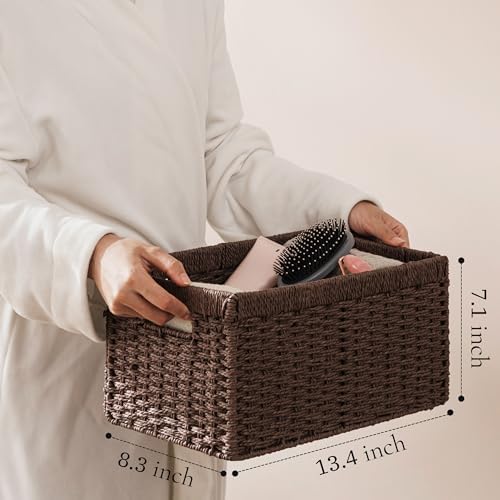 UBBCARE 2 Pack Wicker Basket, 13.4L×8.3H×7.1W inch Woven Paper Rope Storage Baskets for Shelves, Foldable Rectangular Storage Baskets with Handle, Storage Basket for Organizing, Dark Brown - Image 3