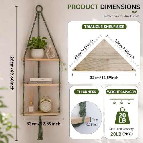 Artilady Corner Shelf Macrame Wall Hanging, Adjust Boho Storage Art, 3 Tier - Image 2