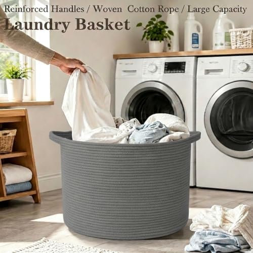 90L Extra Large Blanket Basket,Woven Rope Laundry Basket-Dark Grey - Image 5