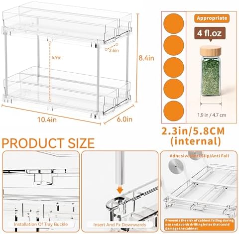 Yieach 2 Tier Sliding Spice Racks for Cabinets,2 Pack 10.4'' Deep Narrow Vertical Spice Rack Pull Out for Inside Cabinets,Kitchen,Pantry,Cupboard Seasoning,Jar Organizer and Medicine Cabinet Storage - Image 3