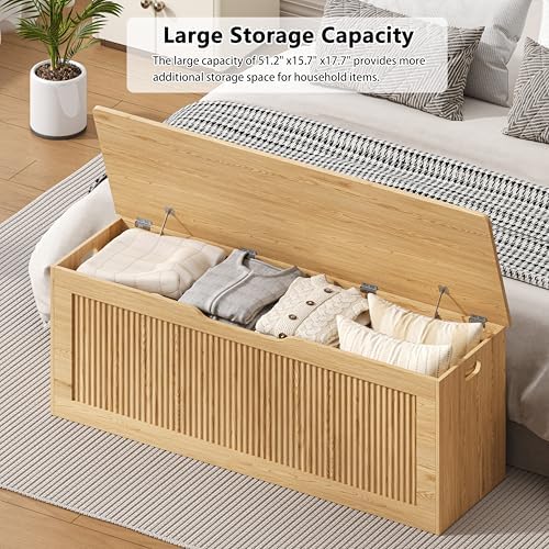 Akxomel 51.2" Fluted Storage Chest Wooden Storage Trunk 2 Safety Hinges Oak - Image 3