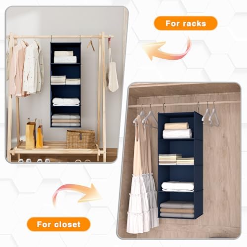 Hanging Closet Organizer 4-Shelf, Oxford Fabric Wardrobe Storage, Navy Blue - Image 5