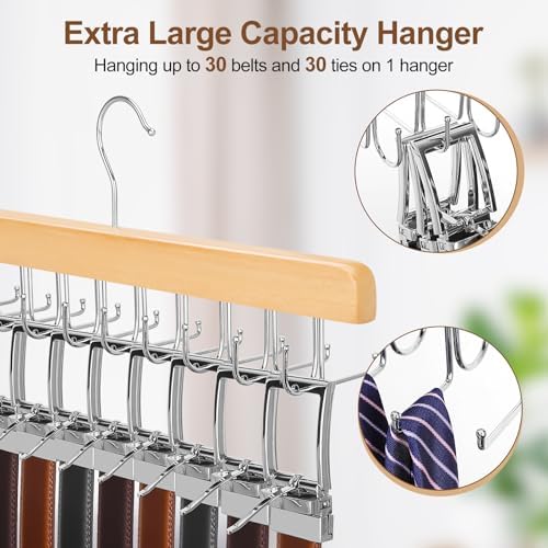 TOPIA HANGER 2 Pack 2 in 1 Belt Tie Hanger for Closet Max 60 Belts with 60 Ties Capacity, 20 Hooks Belt Tie Racks Wooden Hanger for Closet Organizer Space Saving “U” Fit Belt and “一” Fit Tie - CT59N - Image 3